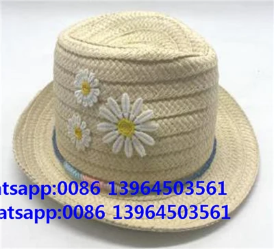 Embroidery White Flower Wide Paper Braided Baby Girl Straw Hat