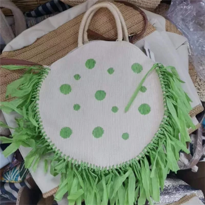 Green Paper Embroidery Round Bag With Tassels