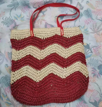 Red Wavy Paper Crochet Women Straw Bag