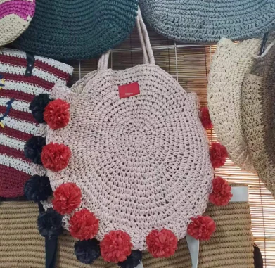 Round Shape Straw Bag With Balls
