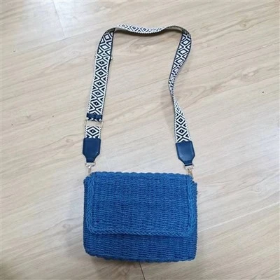 Blue Crossbody Straw Bag With Tape