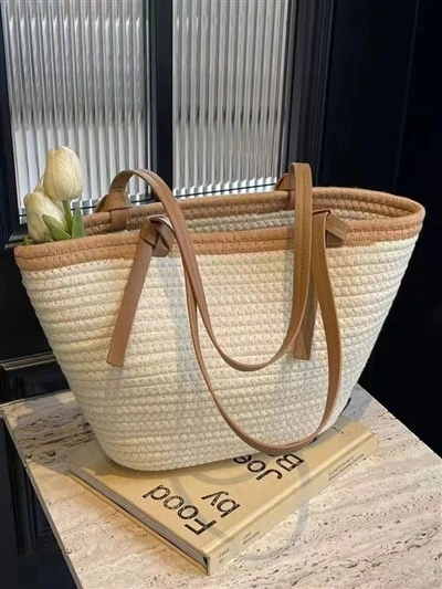Cotton Rope White&brown Handmade Straw Bag