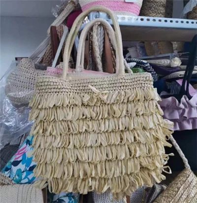 Handwoven Tassels Beidge Straw Bag